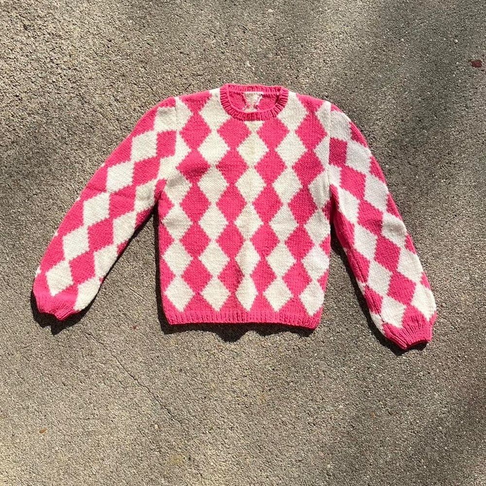 Deadstock 70s Vintage Pink Wool Diamond Print Puff Sleeve Sweater XS S Women’s